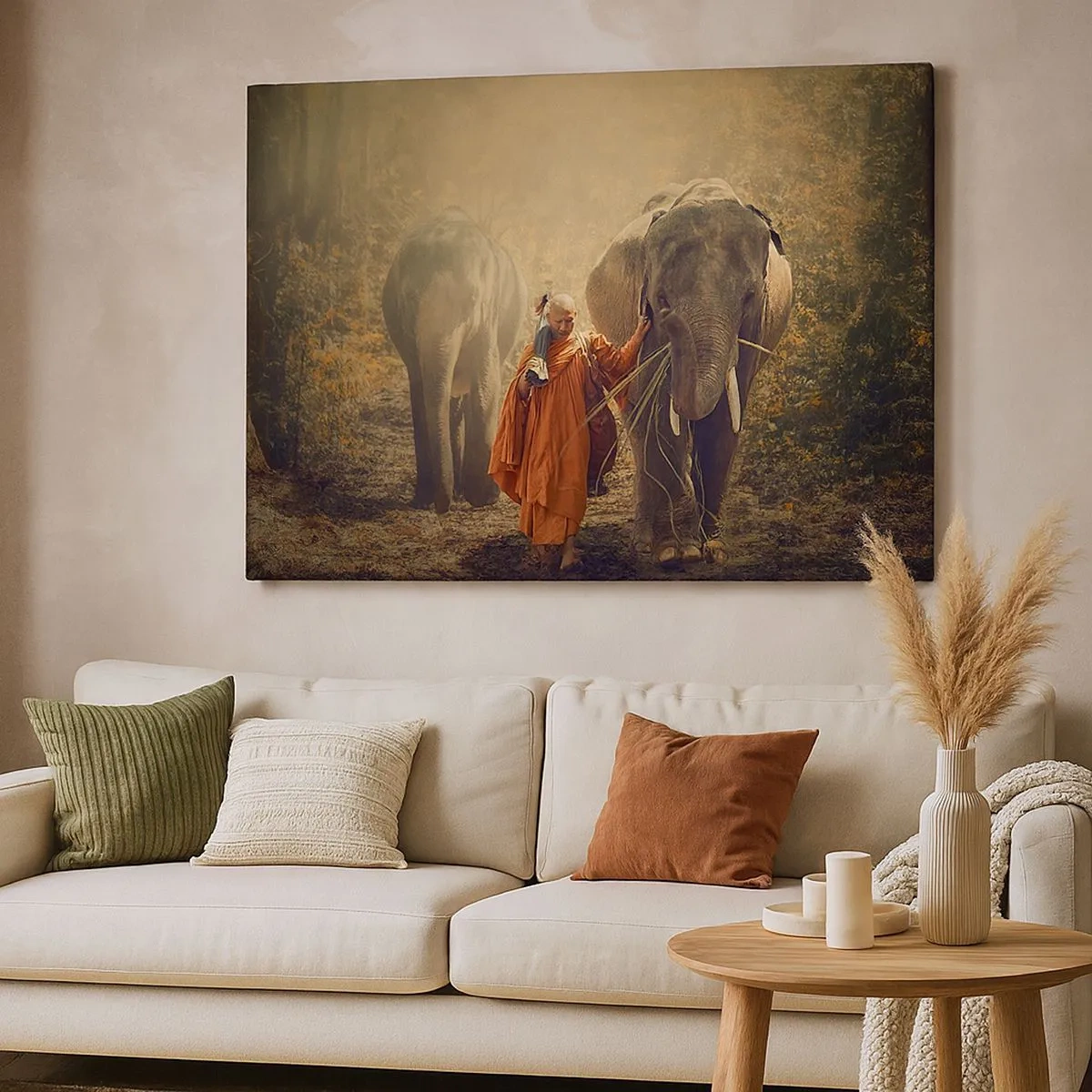 Cuadro sobre lienzo - Impresión de Imagen - Un monje con una túnica naranja guía un elefante en el bosque. - 70x50cm - Comprensión total - Decoración de pared moderna para salón y dormitorio ARTTOR