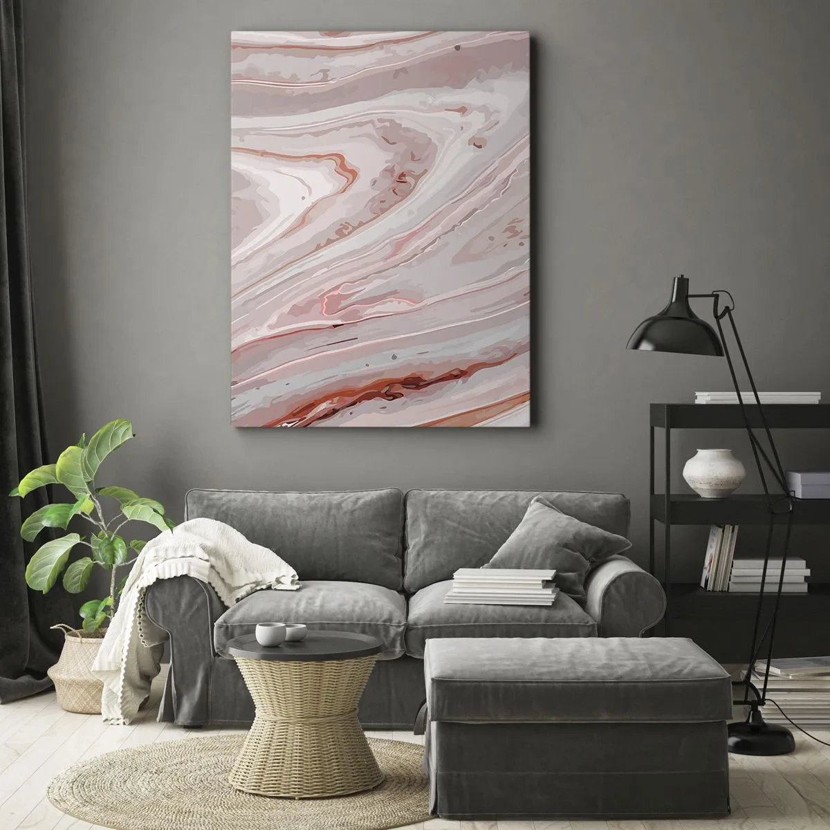 Cuadro sobre lienzo - Impresión de Imagen - Ondas abstractas en delicados tonos rosa y beige. - 80x120cm - Rosa líquido - Decoración de pared moderna para salón y dormitorio ARTTOR