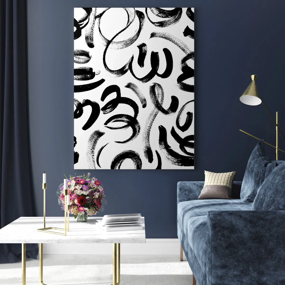 Cuadro sobre vidrio - Impresiones sobre Vidrio - Pinceladas abstractas en blanco y negro - 50x70cm - Negro sobre blanco - Decoración de pared moderna para salón y dormitorio ARTTOR