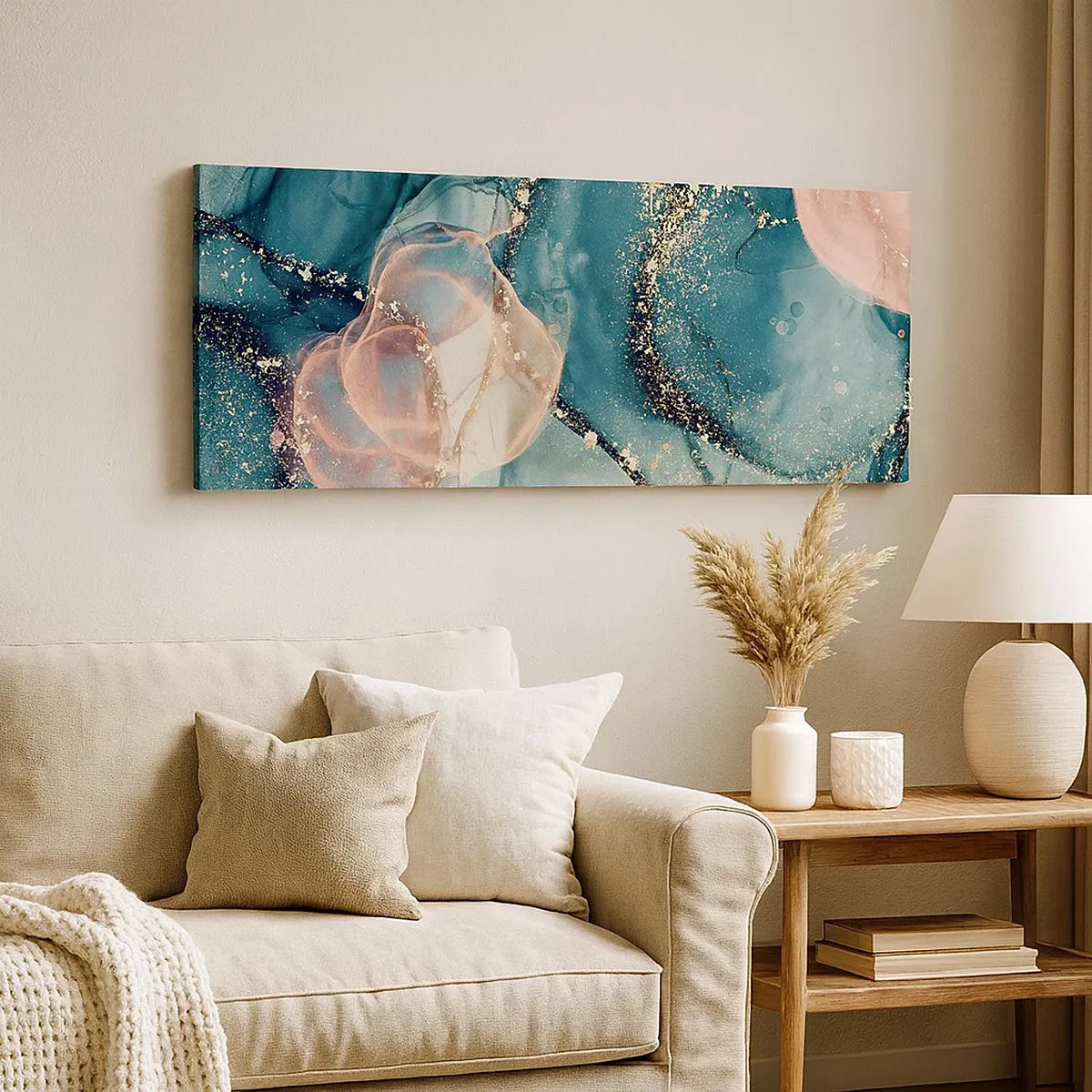 Cuadro sobre lienzo - Impresión de Imagen - Seda azul, tul rosa - 100x40 cm