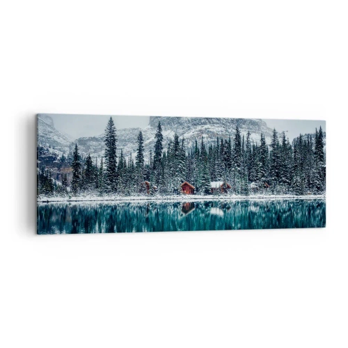 Cuadro sobre lienzo - Impresión de Imagen - Paisaje invernal con cabañas en el bosque junto a un lago congelado - 140x50cm - Retiro canadiense - Decoración de pared moderna para salón y dormitorio ARTTOR