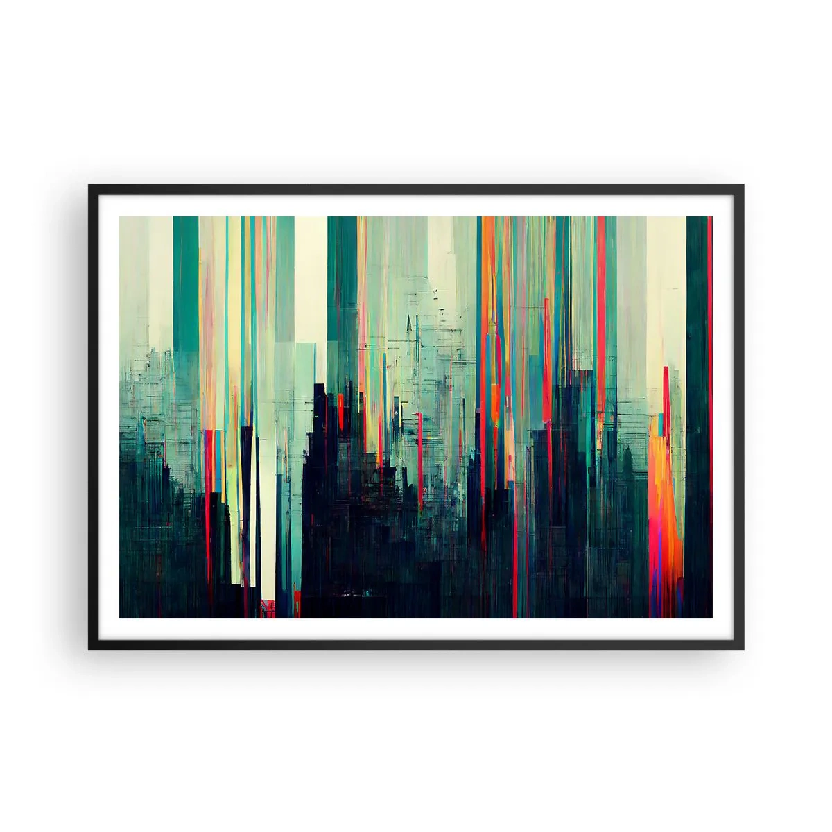 Póster en marco negro - Abstracción con líneas verticales y un horizonte de ciudad. - 100x70cm - Ciudad futurista - Decoración de pared moderna para salón y dormitorio ARTTOR