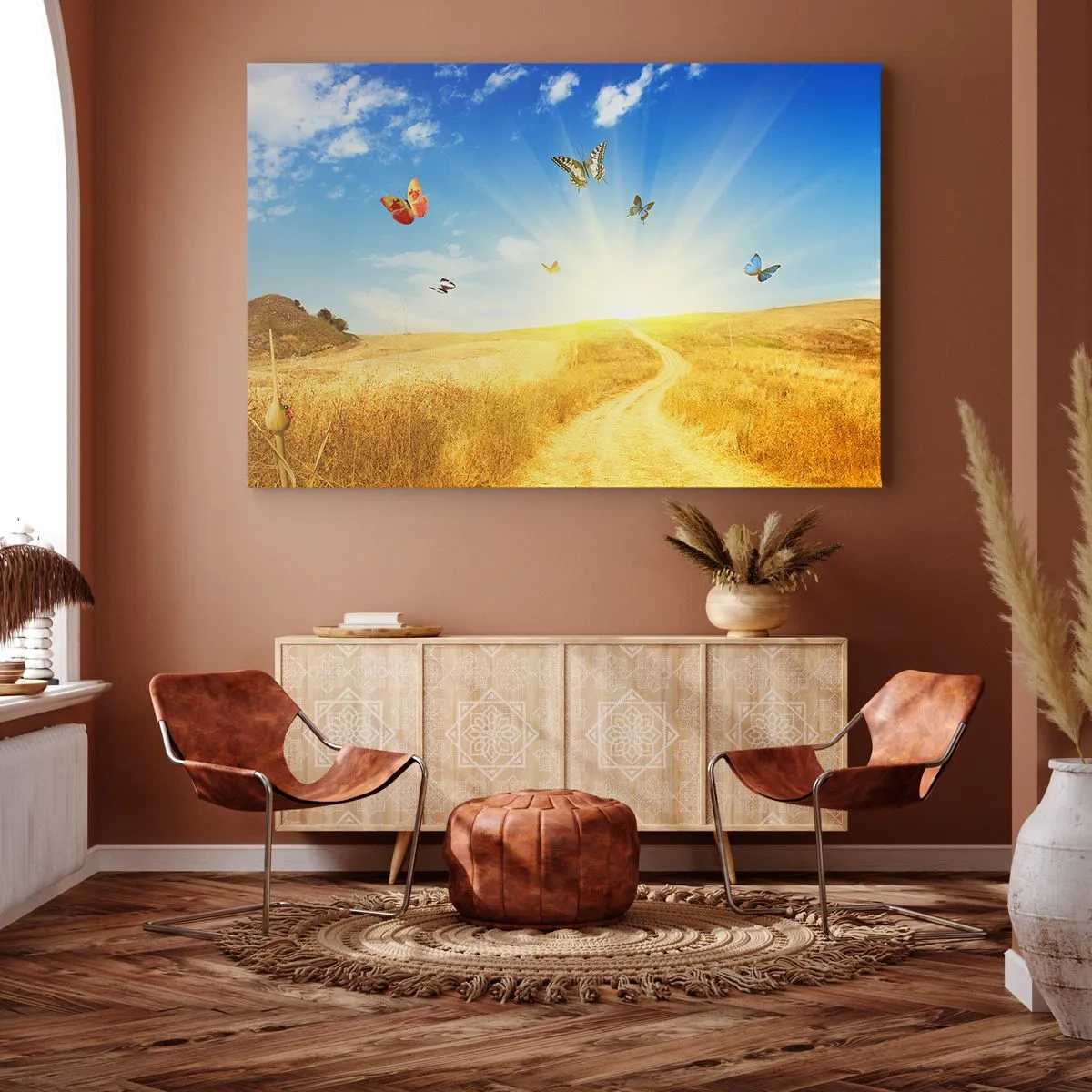 Cuadro sobre lienzo - Impresión de Imagen - Un campo dorado, un camino y mariposas contra un cielo azul. - 120x80cm - ¿Cómo no amar el verano? - Decoración de pared moderna para salón y dormitorio ARTTOR
