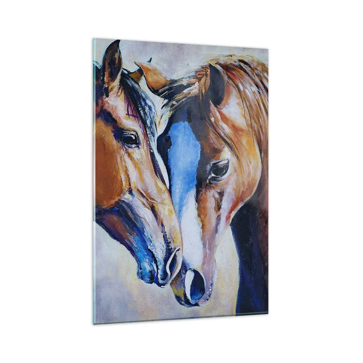 Cuadro sobre vidrio - Impresiones sobre Vidrio - Una representación pictórica de dos caballos en un entorno amigable. - 80x120cm - ¿Esto es amistad? ¿Es amor? - Decoración de pared moderna para salón y dormitorio ARTTOR
