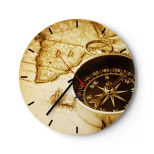 Reloj de pared - Reloj de vidrio - Una brújula sobre el fondo de un mapa antiguo en tonos cálidos. - 30x30cm - ¿Este u Oeste? - Decoración de pared moderna para salón, cocina y dormitorio ARTTOR
