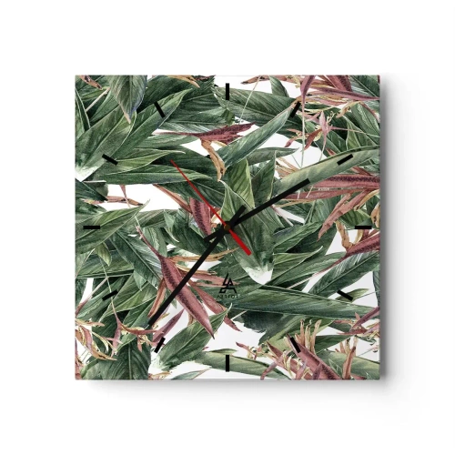 Reloj de pared - Reloj de vidrio - Un motivo decorativo de hojas en tonos verdes y burdeos sobre un fondo claro. - 30x30cm - Naturaleza esmeralda y lila - Decoración de pared moderna para salón y dormitorio ARTTOR