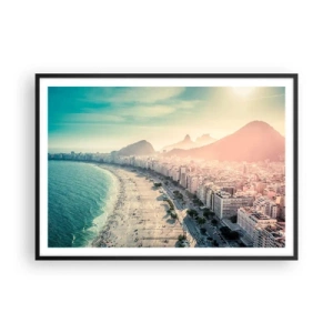 Póster en marco negro - Panorama de la playa de Copacabana con montañas al fondo en Río de Janeiro - 100x70cm - Vacaciones perpetuas en Río - Decoración de pared moderna para salón y dormitorio ARTTOR