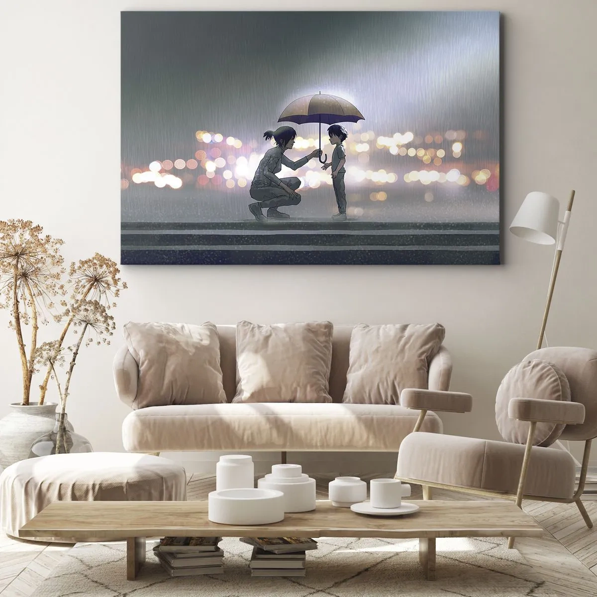 Cuadro sobre lienzo - Impresión de Imagen - Una figura con un paraguas protegiendo a un niño contra el fondo de luces nocturnas. - 70x50cm - Y todo está bien - Decoración de pared moderna para salón y dormitorio ARTTOR