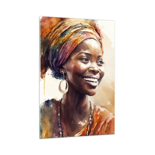 Cuadro sobre vidrio - Impresiones sobre Vidrio - Retrato de una mujer sonriente con una bufanda colorida en acuarela - 70x100cm - Reina africana - Decoración de pared moderna para salón y dormitorio ARTTOR