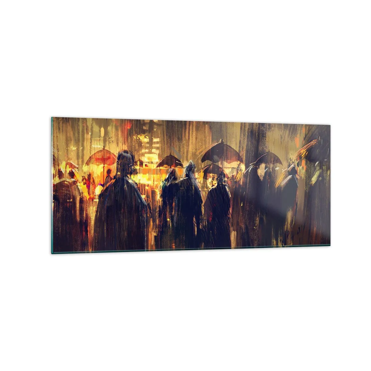 Cuadro sobre vidrio - Impresiones sobre Vidrio - Figuras con paraguas en una ciudad lluviosa por la noche - 120x50cm - Seguidores de la lluvia - Decoración de pared moderna para salón y dormitorio ARTTOR