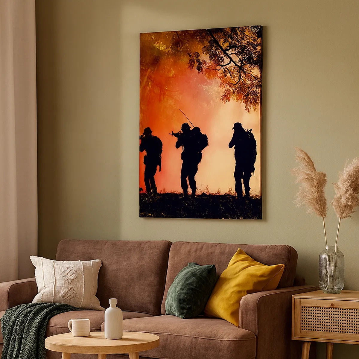 Cuadro sobre lienzo - Impresión de Imagen - Siluetas de soldados en el bosque contra el cielo naranja. - 50x70cm - ...Todo para uno. - Decoración de pared moderna para salón y dormitorio ARTTOR