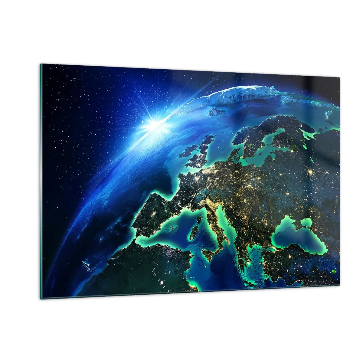Cuadro sobre vidrio - Impresiones sobre Vidrio - Vista de la Tierra desde el espacio con Europa brillando por la noche - 120x80cm - Una Europa resplandeciente - Decoración de pared moderna para salón y dormitorio ARTTOR