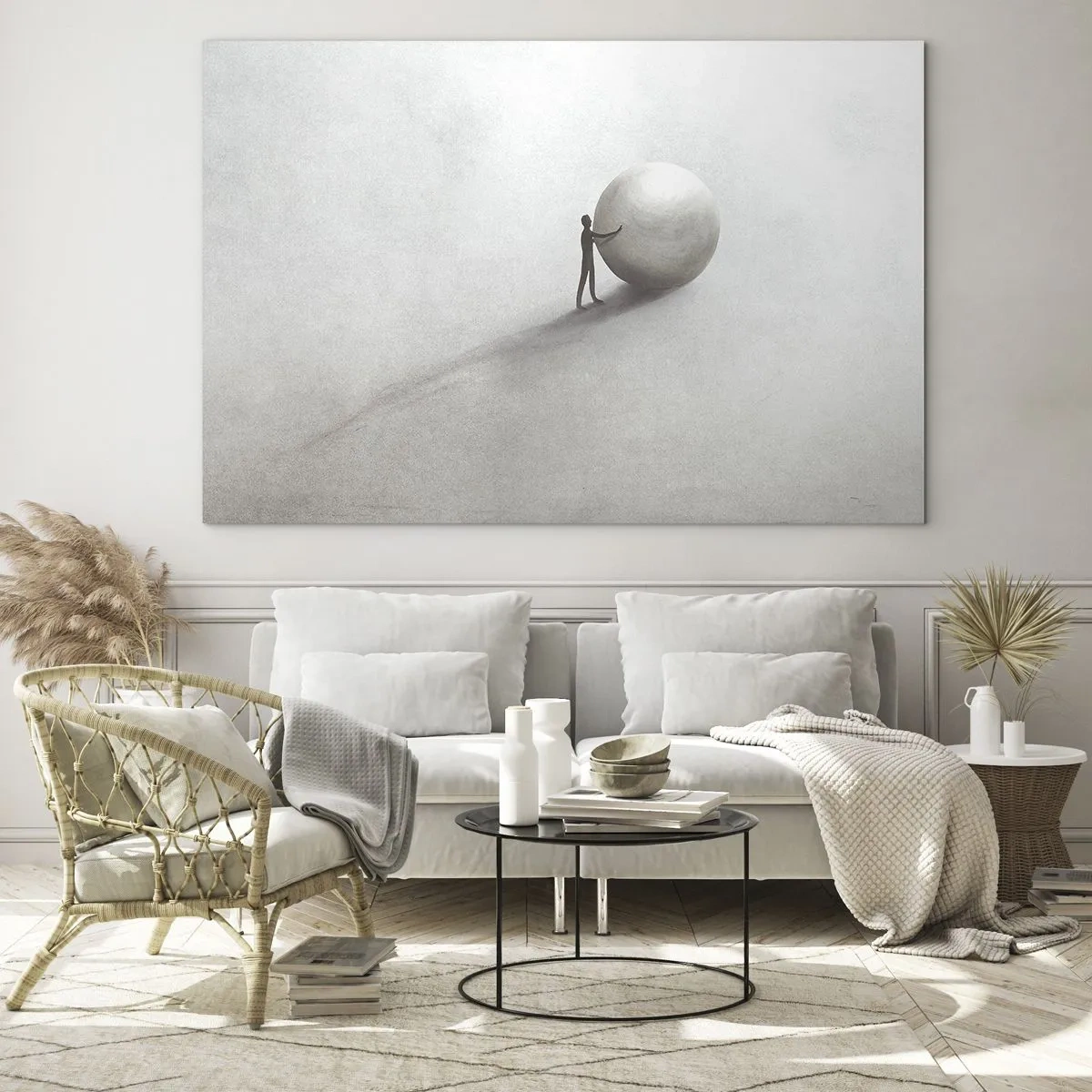 Cuadro sobre vidrio - Impresiones sobre Vidrio - Una silueta minimalista de un hombre con una pelota grande sobre un fondo claro. - 70x50cm - El juego de la vida - Decoración de pared moderna para salón y dormitorio ARTTOR