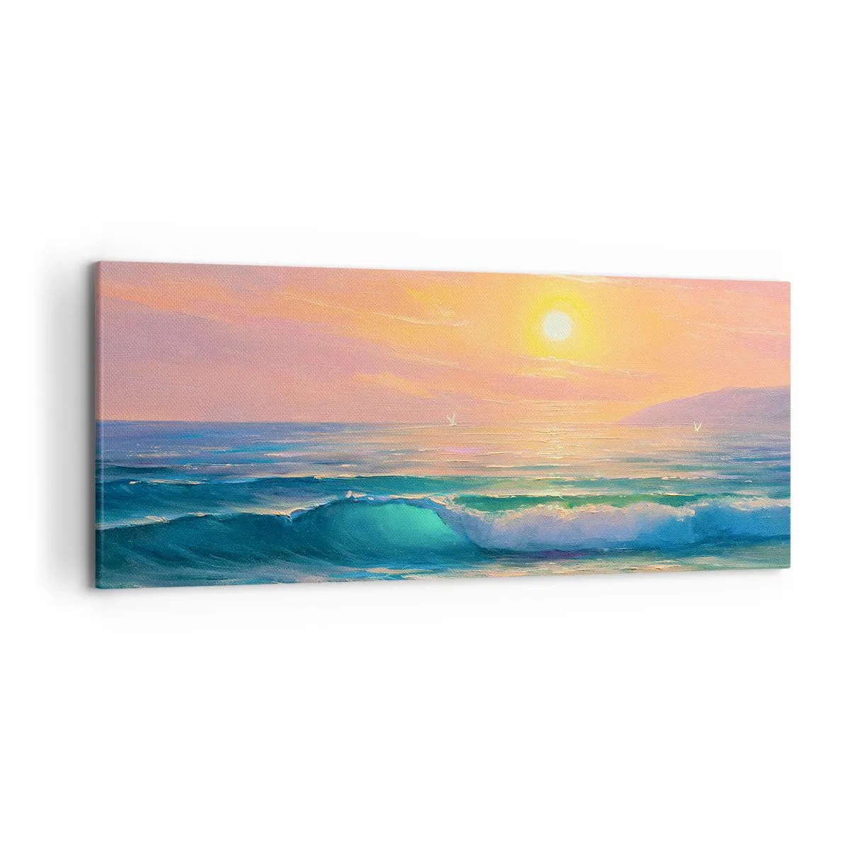 Cuadro sobre lienzo - Impresión de Imagen - Paisaje marino con puesta de sol - 120x50cm - El canto turquesa de las olas - Decoración de pared moderna para salón y dormitorio ARTTOR