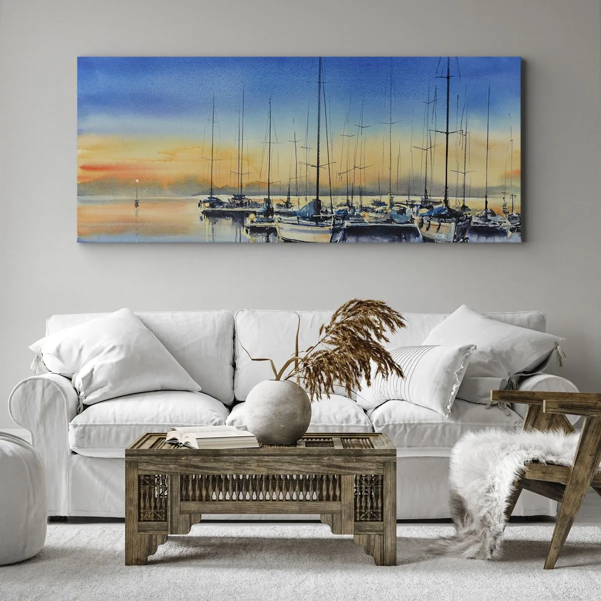 Cuadro sobre lienzo - Impresión de Imagen - Puerto de yates al atardecer con reflejos en el agua - 160x50cm - El final de un buen día - Decoración de pared moderna para salón y dormitorio ARTTOR