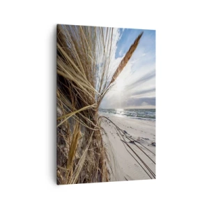 Cuadro sobre lienzo - Impresión de Imagen - Una playa con hierba seca en las dunas y vistas al mar. - 70x100cm - Una reunión de los elementos - Decoración de pared moderna para salón y dormitorio ARTTOR