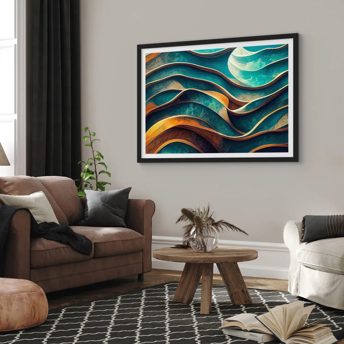 Póster en marco negro - Ondas abstractas en tonos turquesa y dorado - 70x50cm - Meandros de azul - Decoración de pared moderna para salón y dormitorio ARTTOR
