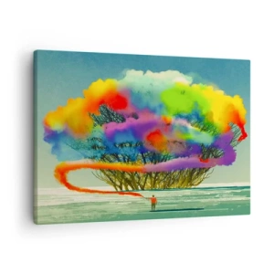 Cuadro sobre lienzo - Impresión de Imagen - Una figura con humo de colores en el fondo de un árbol en el desierto. - 70x50cm - Dale vida a este mundo - Decoración de pared moderna para salón y dormitorio ARTTOR