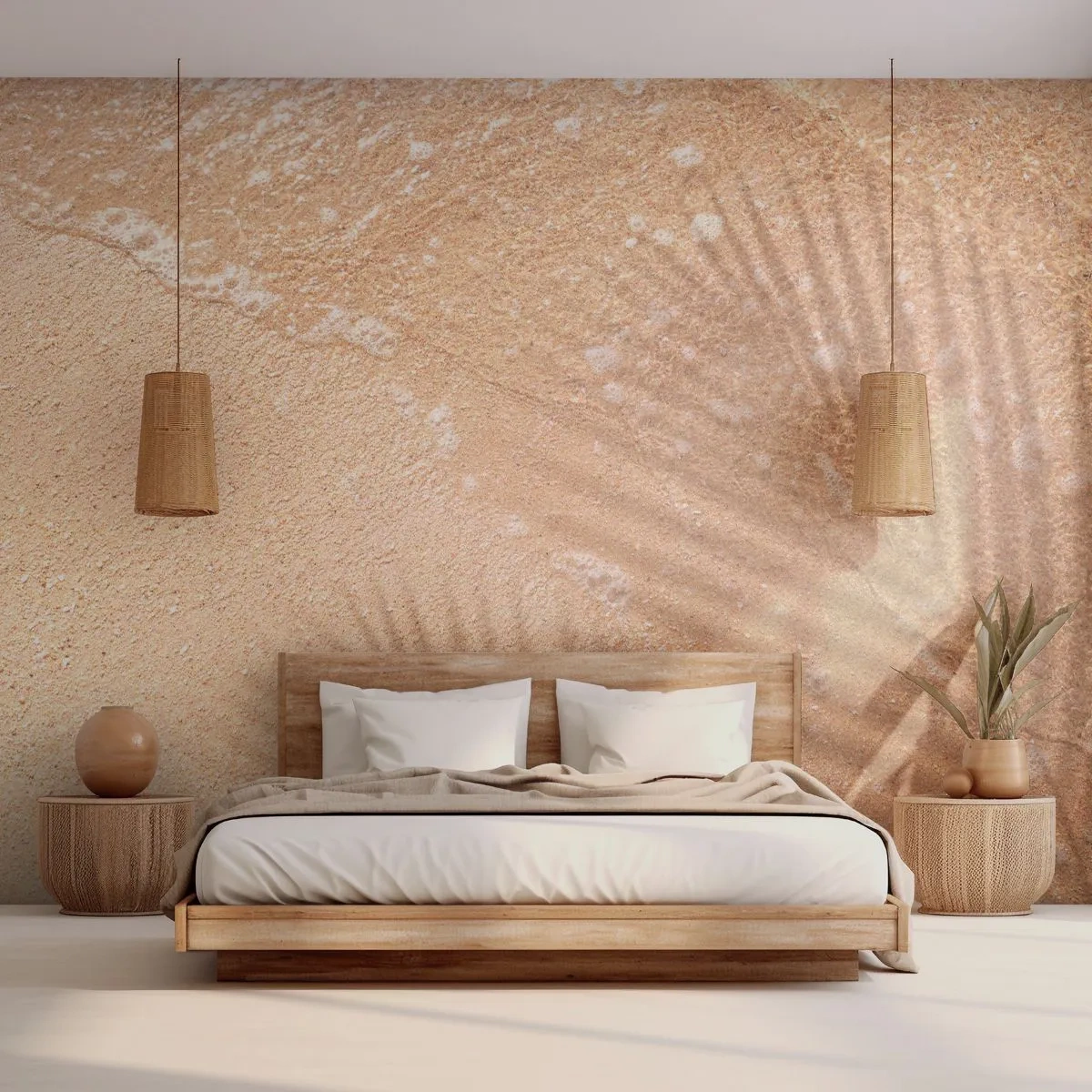 Fotomural Premium Sand - La sombra de las palmeras sobre la arena dorada junto al mar. - 100x70cm - La sombra de un verano caluroso - Decoración de pared moderna para salón y dormitorio ARTTOR