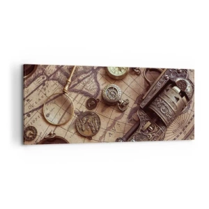 Cuadro sobre lienzo - Impresión de Imagen - Objetos antiguos en un mapa antiguo en estilo retro. - 120x50cm - La aventura llama - Decoración de pared moderna para salón y dormitorio ARTTOR