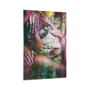 Cuadro sobre vidrio - Impresiones sobre Vidrio - Retrato de una mujer rodeada de vegetación exótica. - 70x100cm - La madre naturaleza en la selva - Decoración de pared moderna para salón y dormitorio ARTTOR