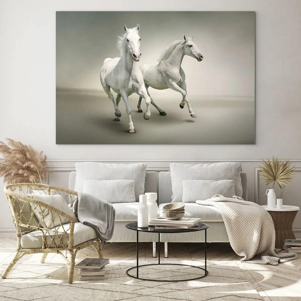 Cuadro sobre vidrio - Impresiones sobre Vidrio - Dos caballos blancos corriendo sobre un fondo claro. - 100x70cm - ¡Poder blanco! - Decoración de pared moderna para salón y dormitorio ARTTOR