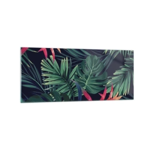 Cuadro sobre vidrio - Impresiones sobre Vidrio - Hojas y flores tropicales sobre un fondo oscuro. - 120x50cm - Encender el color verde - Decoración de pared moderna para salón y dormitorio ARTTOR