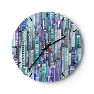 Reloj de pared - Reloj de vidrio - Rascacielos gráficos en tonos azules y morados. - 30x30cm - Azul del cielo - Decoración de pared moderna para salón, cocina y dormitorio ARTTOR