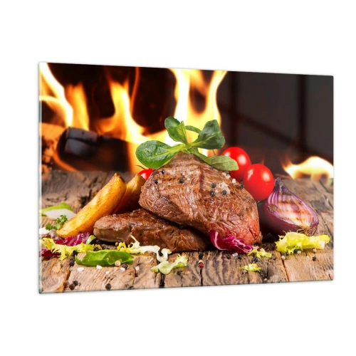 Cuadro sobre vidrio - Impresiones sobre Vidrio - Filete a la parrilla con verduras con el telón de fondo de las llamas - 120x80cm - Embrujo de fuego - Decoración de pared moderna para salón y dormitorio ARTTOR