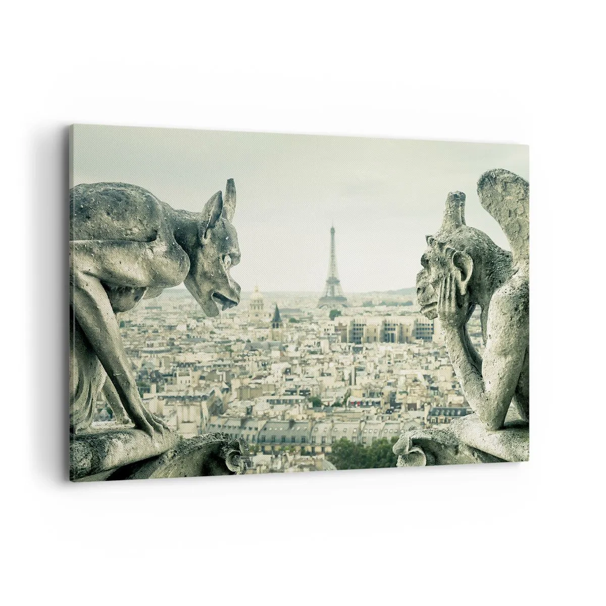 Cuadro sobre lienzo - Impresión de Imagen - Gárgolas con vistas al horizonte de París y a la Torre Eiffel - 100x70cm - Charlas parisinas - Decoración de pared moderna para salón y dormitorio ARTTOR