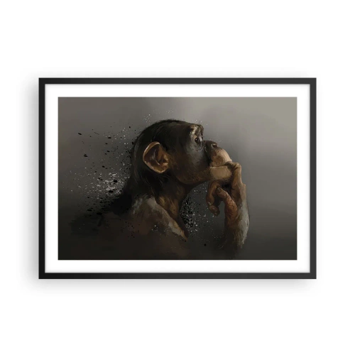 Póster en marco negro - Retrato de un mono en pose reflexiva sobre un fondo gris. - 70x50cm - La evolución del pensador - Decoración de pared moderna para salón y dormitorio ARTTOR