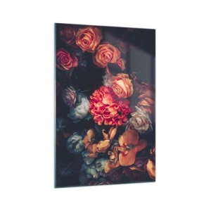 Cuadro sobre vidrio - Impresiones sobre Vidrio - Un ramo de varias flores en tonos oscuros. - 70x100cm - Como los maestros holandeses - Decoración de pared moderna para salón y dormitorio ARTTOR