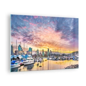 Cuadro sobre vidrio - Impresiones sobre Vidrio - Puesta de sol sobre el puerto deportivo con barcos y rascacielos - 70x50cm - Una ciudad de mil marineros - Decoración de pared moderna para salón y dormitorio ARTTOR