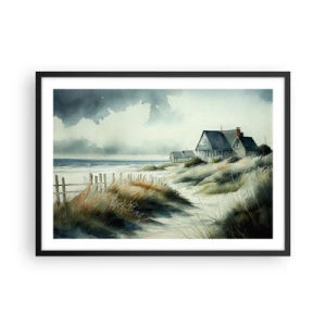 Póster en marco negro - Una casa junto al mar rodeada de césped y con vistas al mar. - 70x50cm - Lejos del bullicio - Decoración de pared moderna para salón y dormitorio ARTTOR