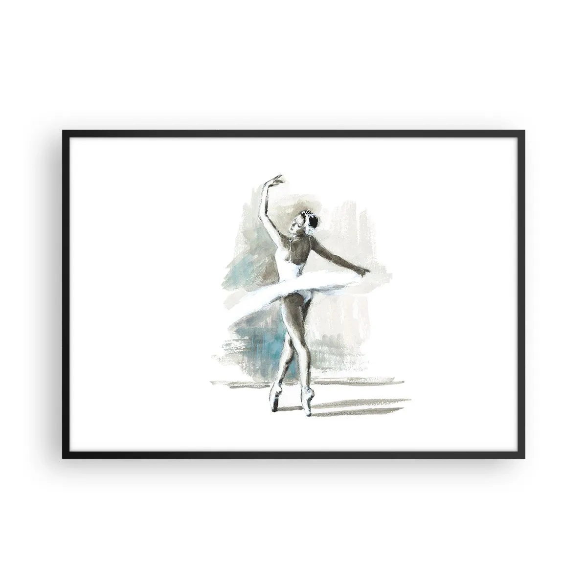 Póster en marco negro - Una bailarina de ballet en pose de ballet sobre un fondo de delicados tonos de acuarela. - 100x70cm - Encantada por un cisne - Decoración de pared moderna para salón y dormitorio ARTTOR