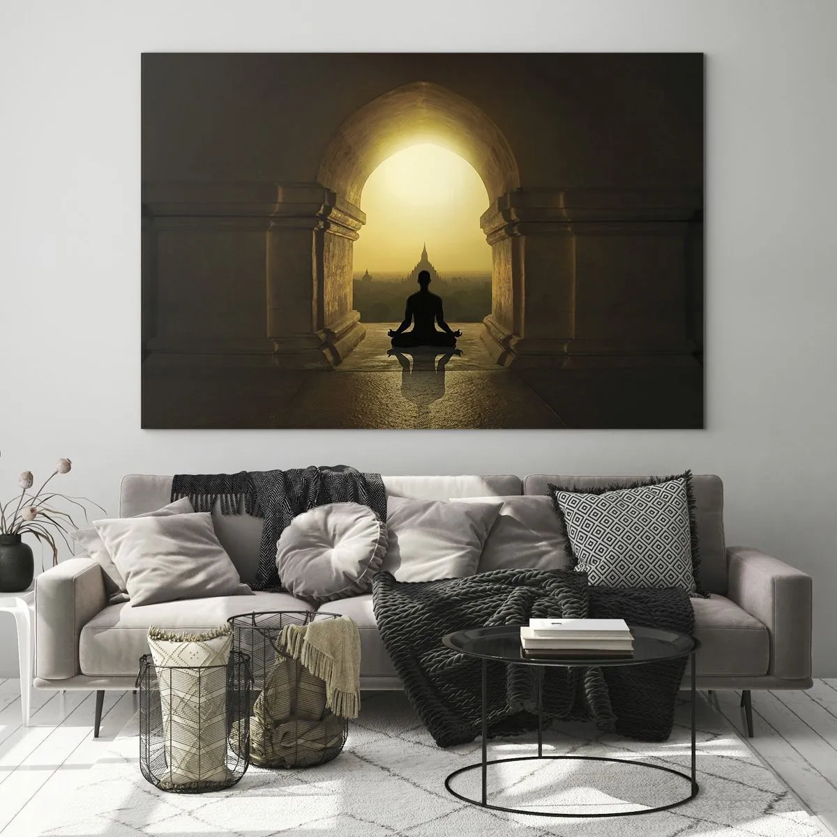 Cuadro sobre vidrio - Impresiones sobre Vidrio - Silueta de una persona meditando a la luz del sol poniente en un arco arquitectónico. - 120x80cm - Armonía total - Decoración de pared moderna para salón y dormitorio ARTTOR