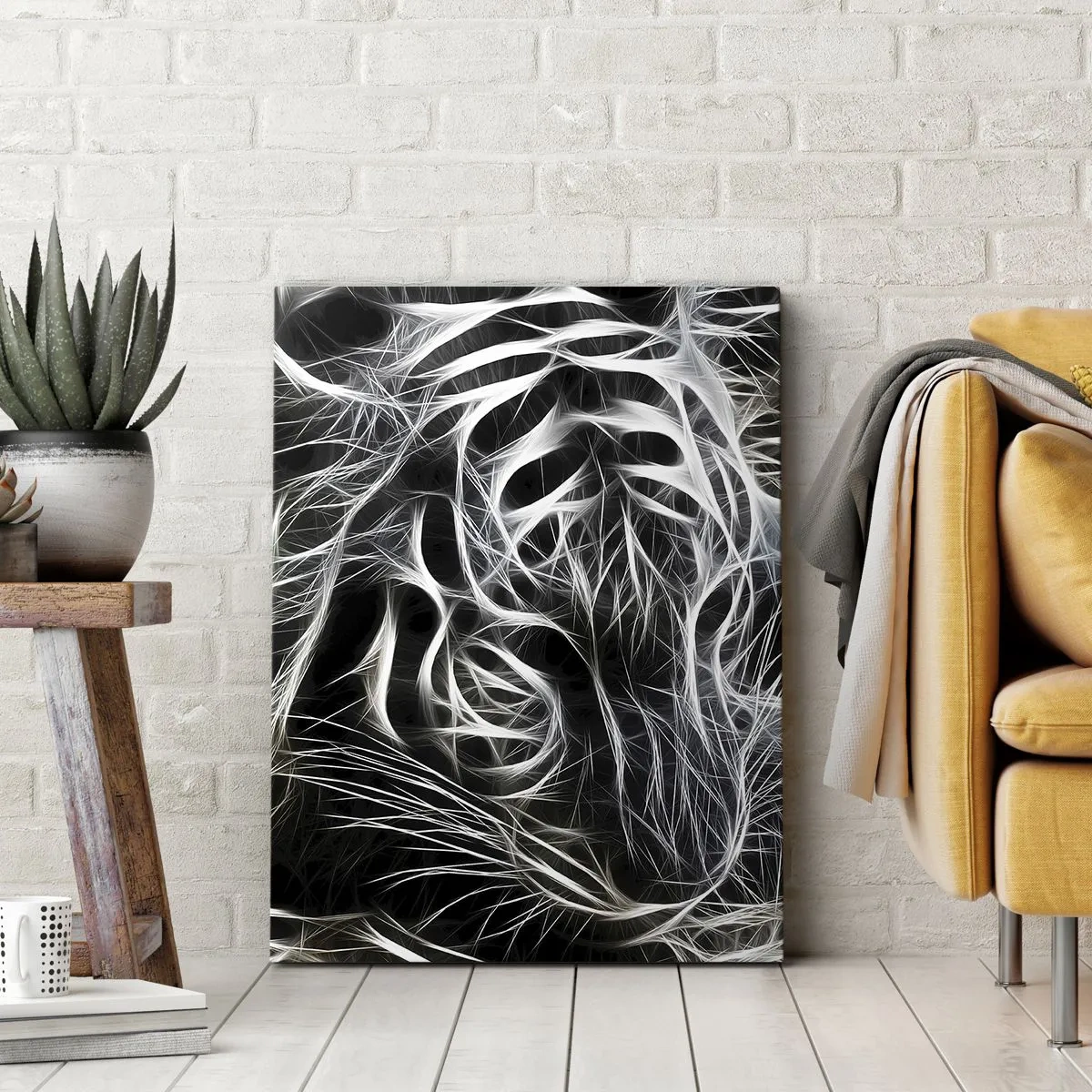 Cuadro sobre lienzo - Impresión de Imagen - Un patrón abstracto que representa la silueta de un gato sobre un fondo negro. - 50x70cm - Un estudio sobre la ligereza felina - Decoración de pared moderna para salón y dormitorio ARTTOR