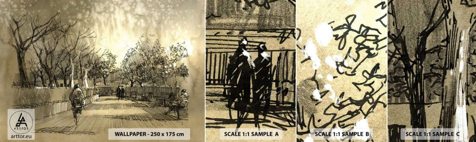 Muestra de fotomural autoadhesivo Deluxe Sticker - Un momento hecho a pluma - Callejón del parque, Parque, Sepia - 100x30 cm