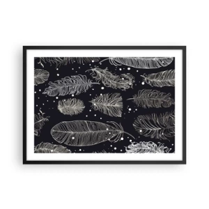 Póster en marco negro - Delicadas plumas blancas sobre un fondo azul marino. - 70x50cm - Encaje de plumas - Decoración de pared moderna para salón y dormitorio ARTTOR