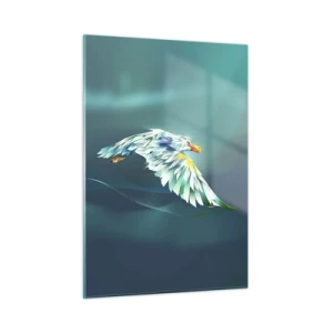 Cuadro sobre vidrio - Impresiones sobre Vidrio - Una imagen abstracta de un águila en tonos azules y blancos sobre un fondo de olas. - 50x70cm - El poder del vuelo del águila - Decoración de pared moderna para salón y dormitorio ARTTOR