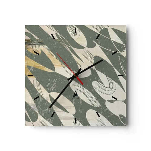 Reloj de pared - Reloj de vidrio - Formas dinámicas en tonos verdes y dorados. - 30x30cm - Abstracción rítmica - Decoración de pared moderna para salón y dormitorio ARTTOR