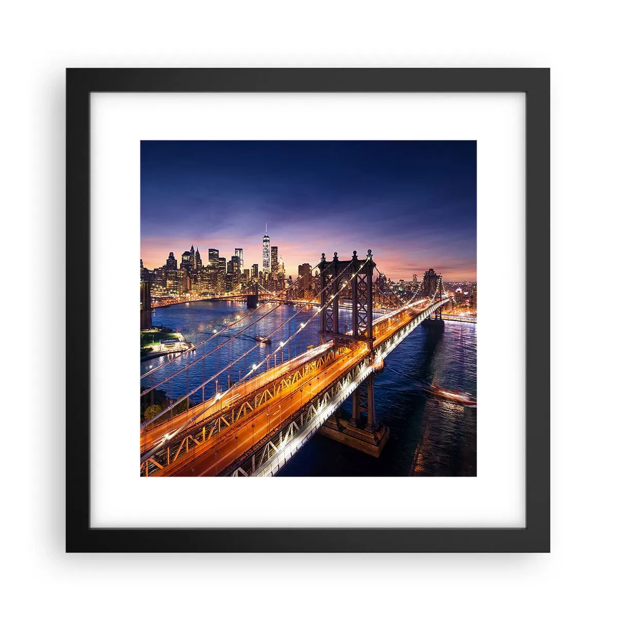 Póster en marco negro - Un puente luminoso hacia el corazón de la ciudad - 30x30 cm