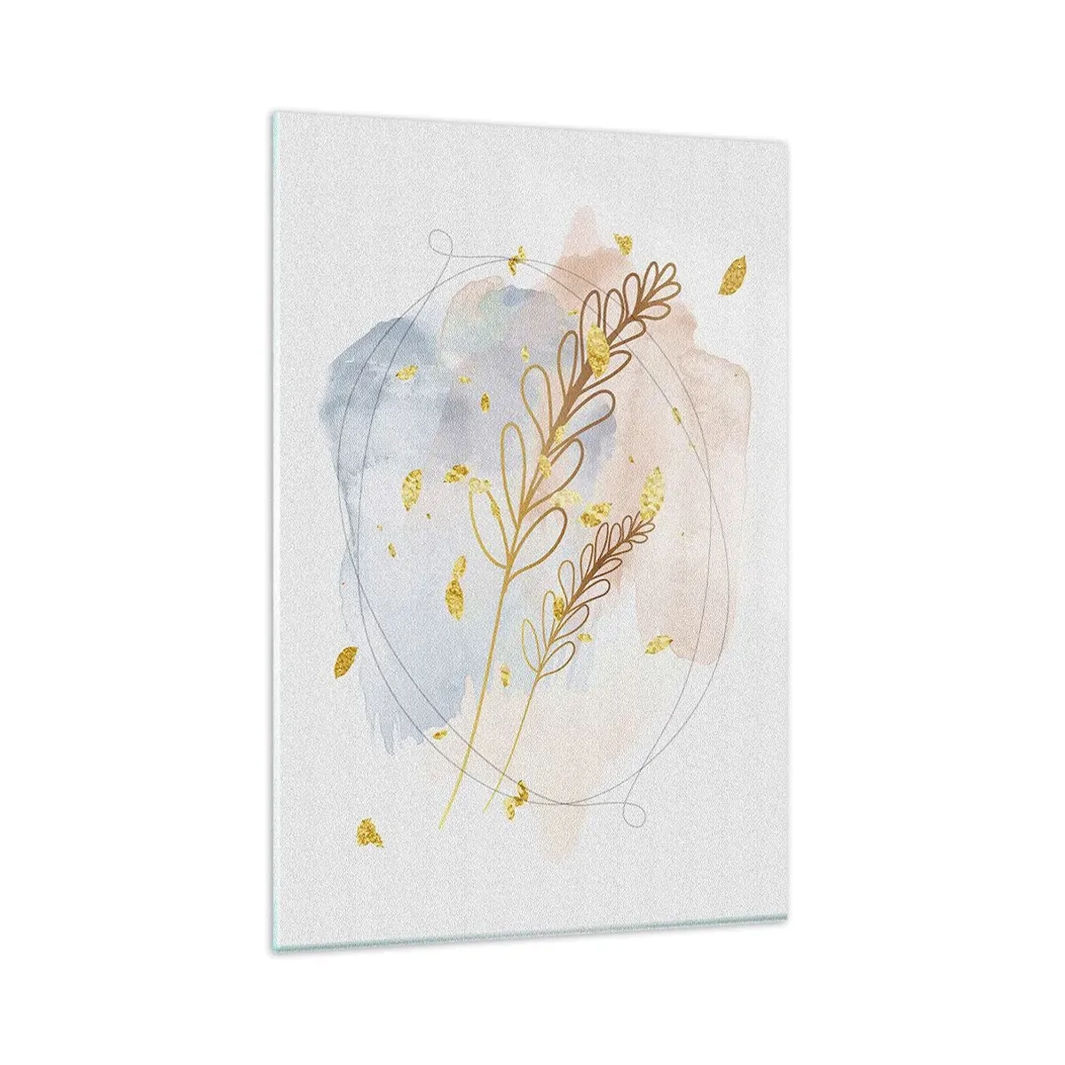 Cuadro sobre vidrio - Impresiones sobre Vidrio - Un delicado motivo de hojas doradas sobre un fondo pastel con detalles de acuarela. - 80x120cm - Ráfaga dorada - Decoración de pared moderna para salón y dormitorio ARTTOR