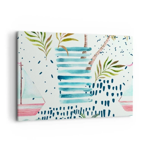 Cuadro sobre lienzo - Impresión de Imagen - Patrón abstracto con palmeras y acentos náuticos. - 120x80cm - Vacaciones bajo las palmeras - Decoración de pared moderna para salón y dormitorio ARTTOR