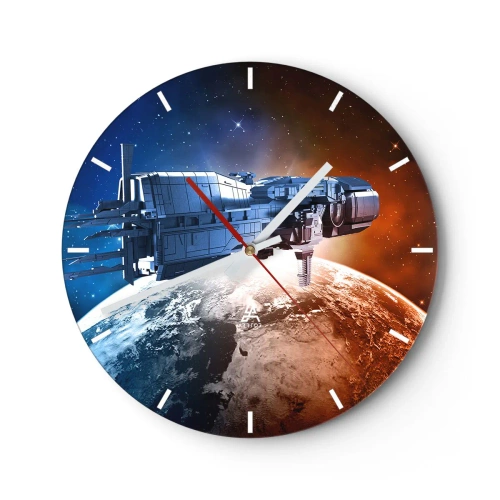Reloj de pared - Reloj de vidrio - Una esfera de reloj con un motivo de una nave espacial flotando sobre la Tierra. - 30x30cm - Un observador atento - Decoración de pared moderna para salón, cocina y dormitorio ARTTOR