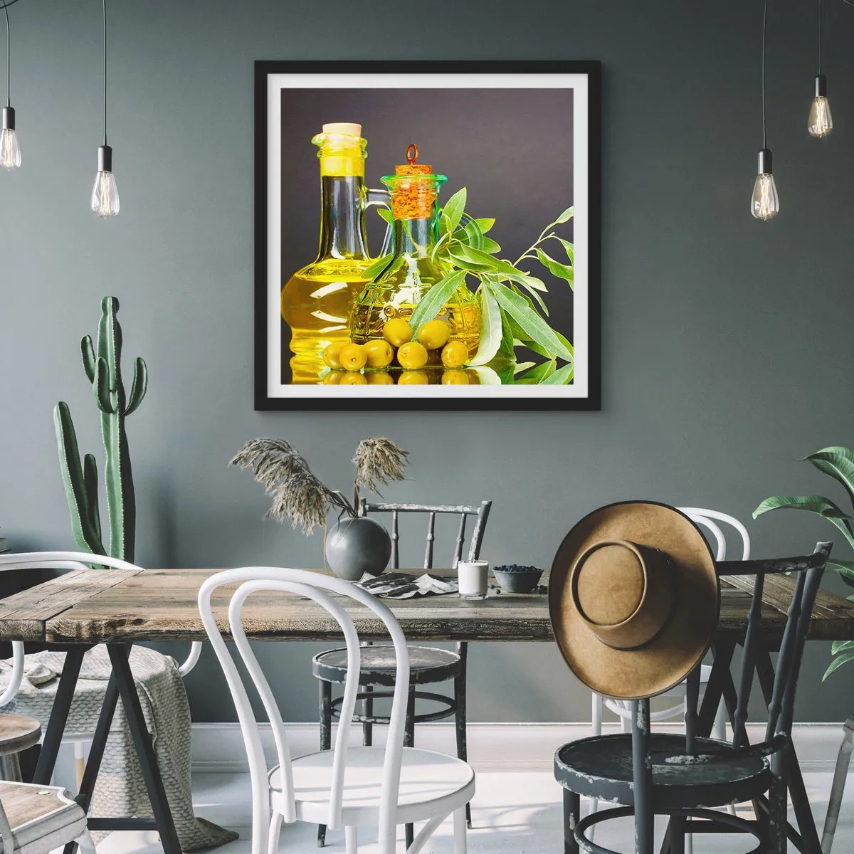 Póster en marco negro - Bodegón con aceitunas y aceite - 60x60 cm