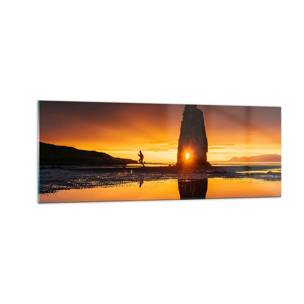 Cuadro sobre vidrio - Impresiones sobre Vidrio - Persona corriendo en la playa al atardecer con formación rocosa - 140x50cm - Solo tú y la naturaleza - Decoración de pared moderna para salón y dormitorio ARTTOR
