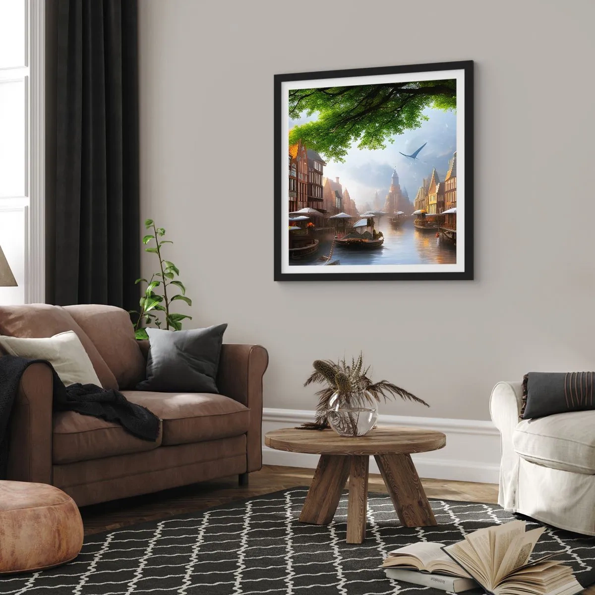 Póster en marco negro - Paisaje urbano holandés - 50x50 cm