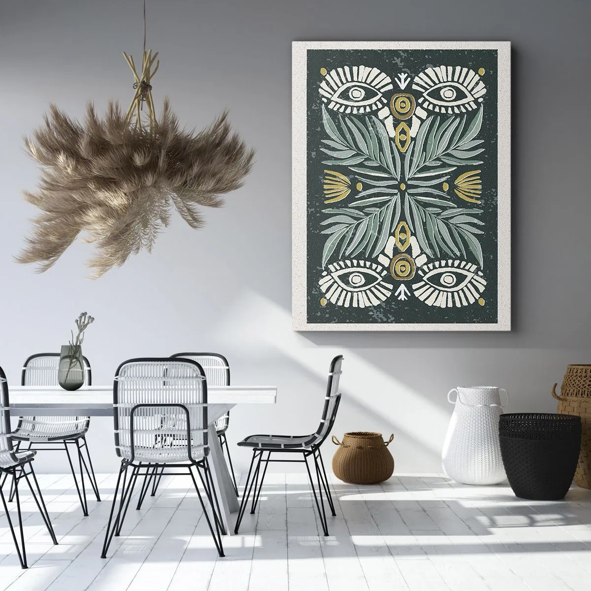 Cuadro sobre lienzo - Impresión de Imagen - Patrón de planta simétrica sobre un fondo verde. - 50x70cm - Como un recorte folclórico - Decoración de pared moderna para salón y dormitorio ARTTOR