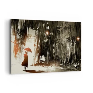 Cuadro sobre lienzo - Impresión de Imagen - Una figura roja con un paraguas en una escena lluviosa. - 120x80cm - Poesía de un paraguas rojo - Decoración de pared moderna para salón y dormitorio ARTTOR